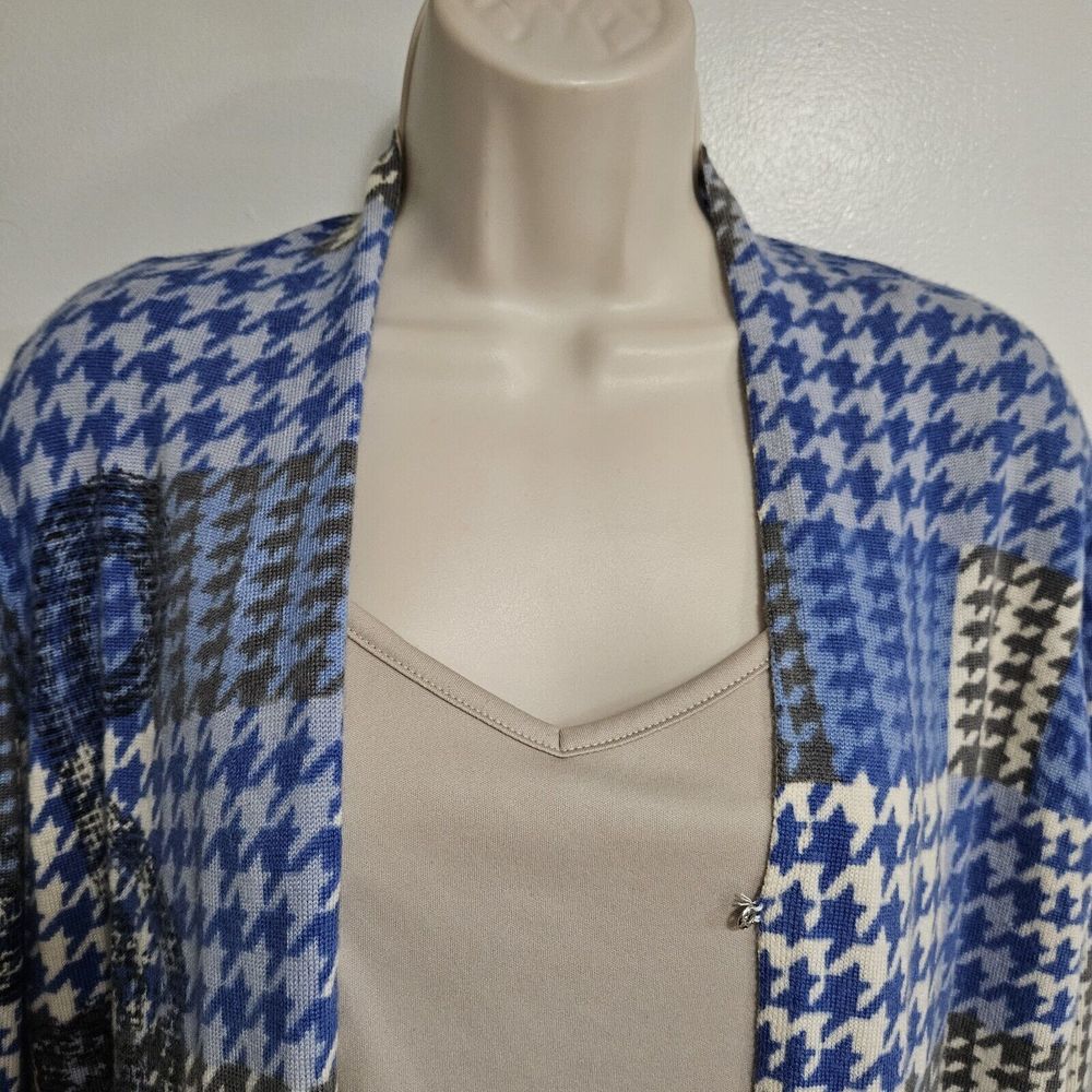 Talbots Petite Medium PM‎ Blue Multi Merino Wool Houndstooth Cardigan Sweater - Picture 3 of 8